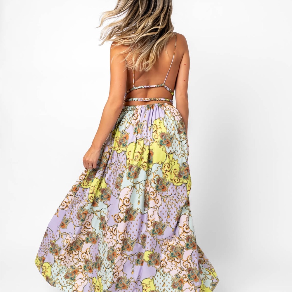 PIECE OF ME V NECK MAXI DRESS BAROUQE PRINT REGENCY CORE BABY DOLL LG SIDE SLIT